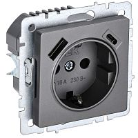 Розетка с заземлением +2xUSB тип A+C без рамки IEK Brite РЮш11-1-БрС 1-м. сталь картинка